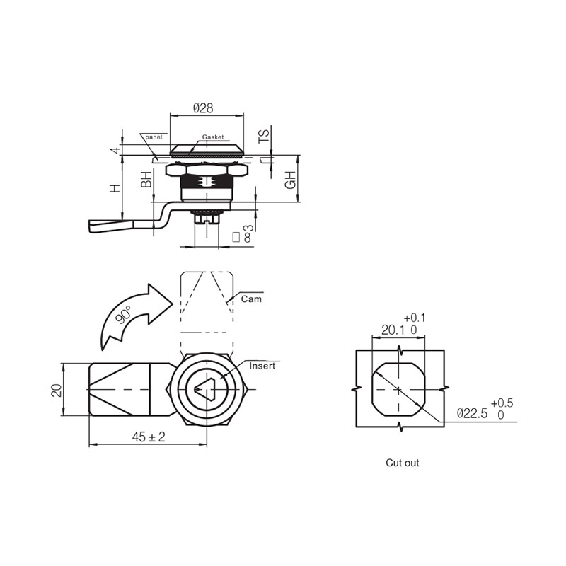 MS705-3S S-Type Lock Cylinder Stainless Steel Industrial Locks