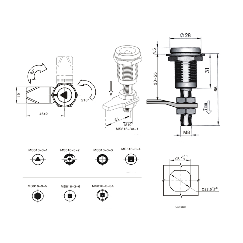 MS816-3-1S Triangular 8mm Lock Cylinder Compression Latch Locks