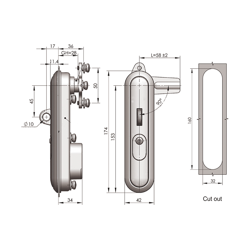 MS864-4 Flat Door Locks 90°Rotation Handle to Open and Lock