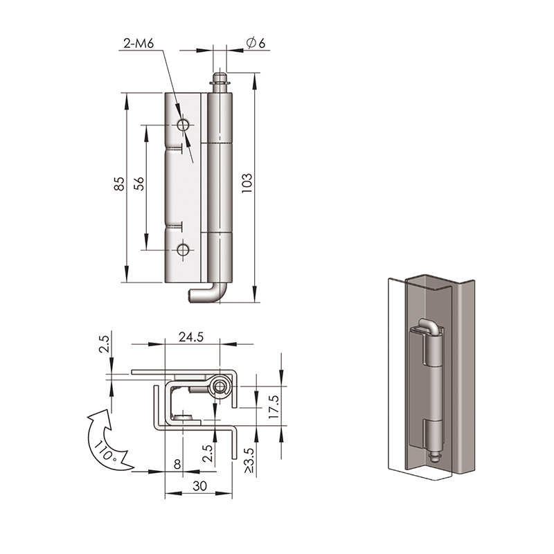 CL125 110° Open Iron (White Zinc Plating) Carbon Steel Built-in Hinge, Pin