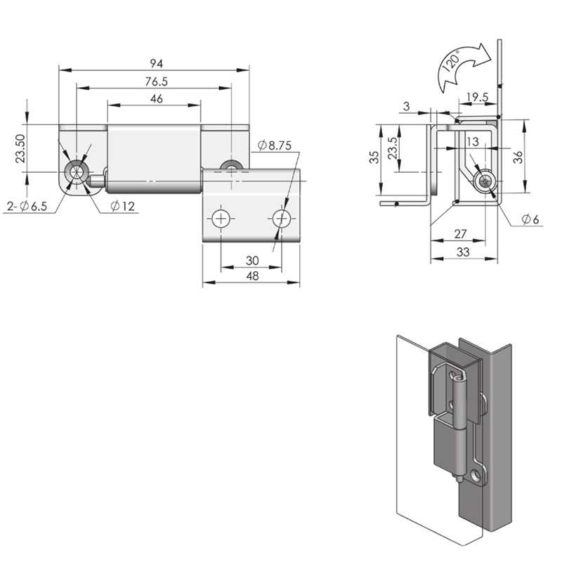 CL244 120°Open Angle Galvanized Iron Built-in Hinge, Pin